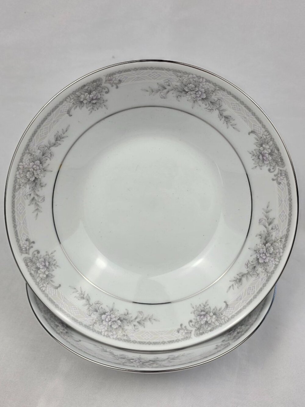 TWO Noritake Sweet Leilani Coupe Soup Bowls #3482 Gray Pink Floral 8 7/8 inches